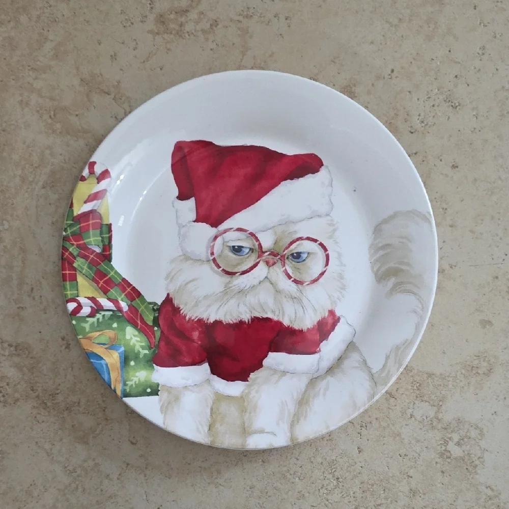 Pier 1 Grumpy White Cat Santa Christmas Plate Salad 9 Inch​